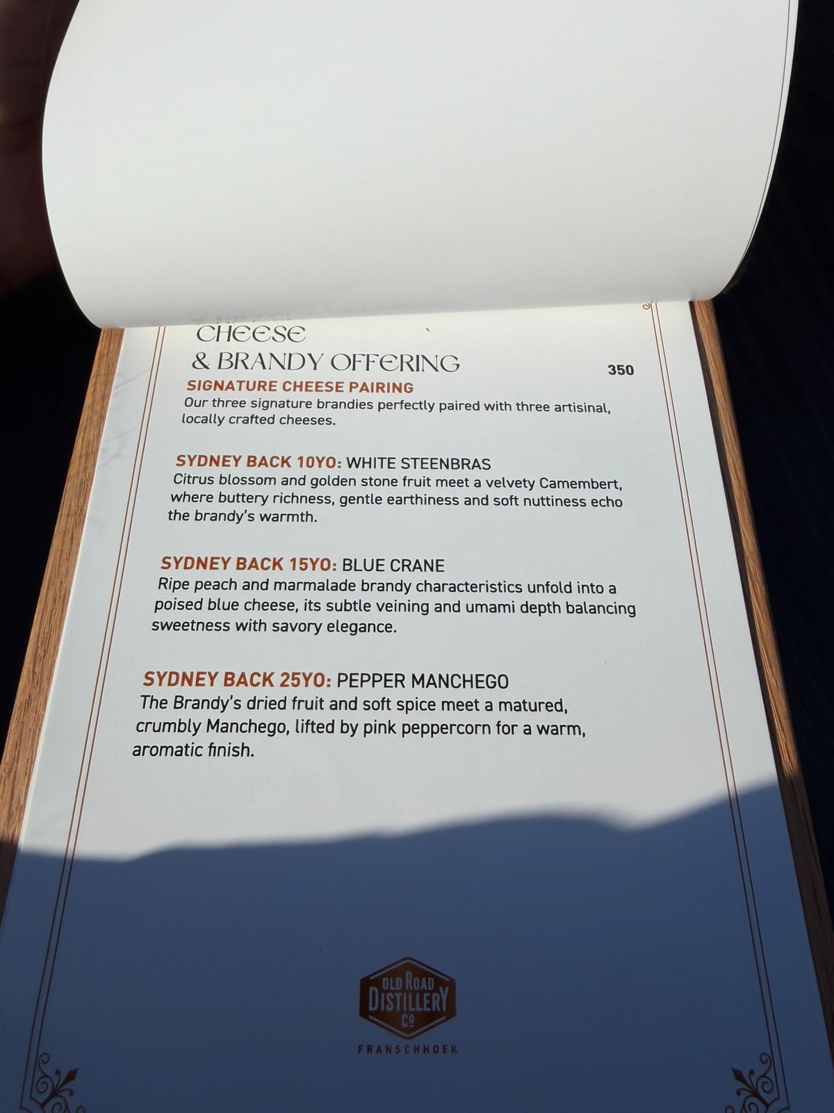 Karte mit Käse- und Brandy-Pairing